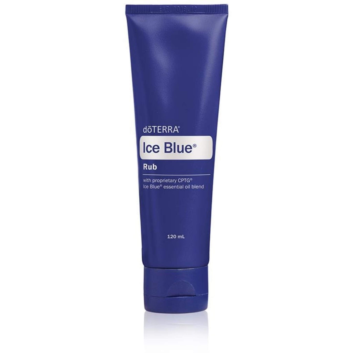 Blue tube of doterra Ice Blue Rub on a white background