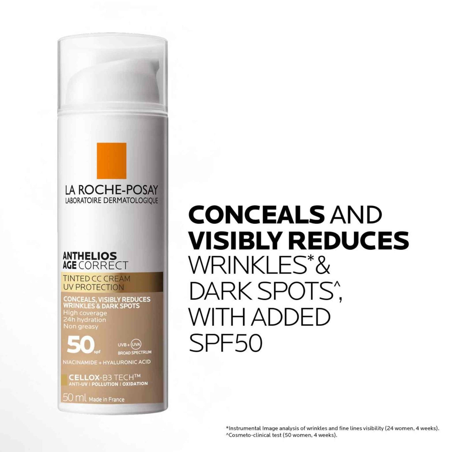 La Roche-Posay Anthelios Age Correct Tinted CC Cream spf50 50mL with product features on a white background