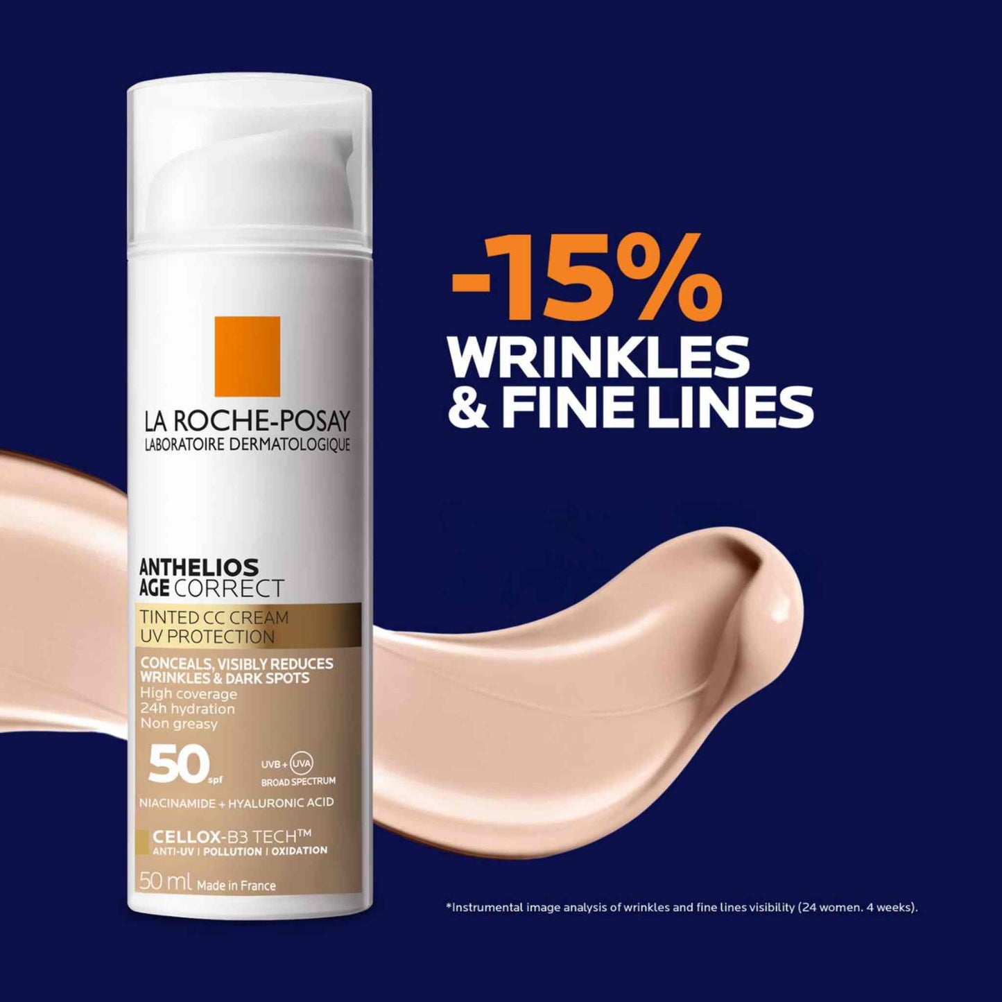 La Roche-Posay Anthelios Age Correct Tinted Cream SPF 50 in a white pump bottle, shown next to a beige cream smear on a dark blue background with promotional text reading '-15% Wrinkles & Fine Lines'.