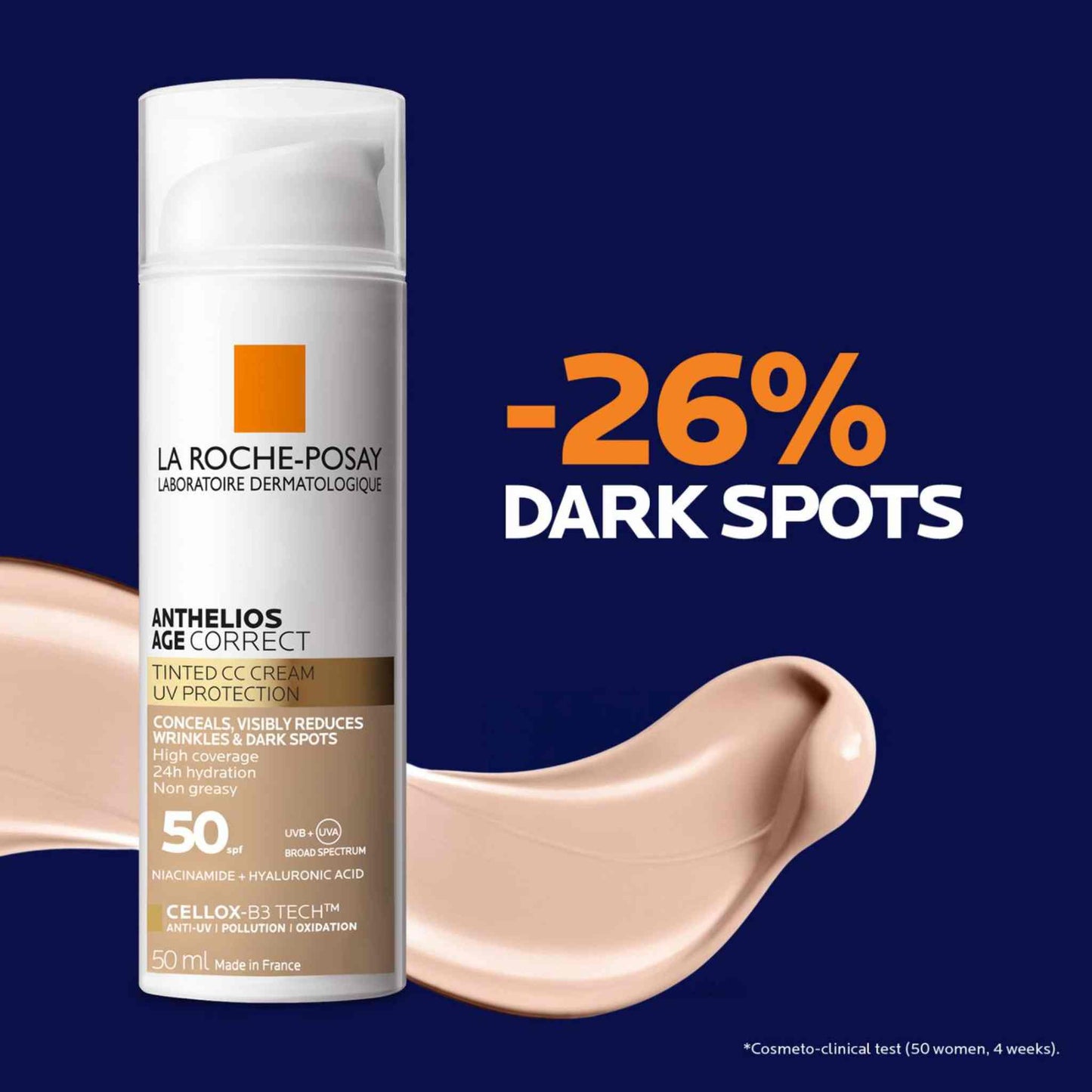 La Roche-Posay Anthelios Age Correct Tinted CC Cream spf50 50mL shown on a dark blue background with a beige cream smear and promotional text reading '-26% DARK SPOTS'.
