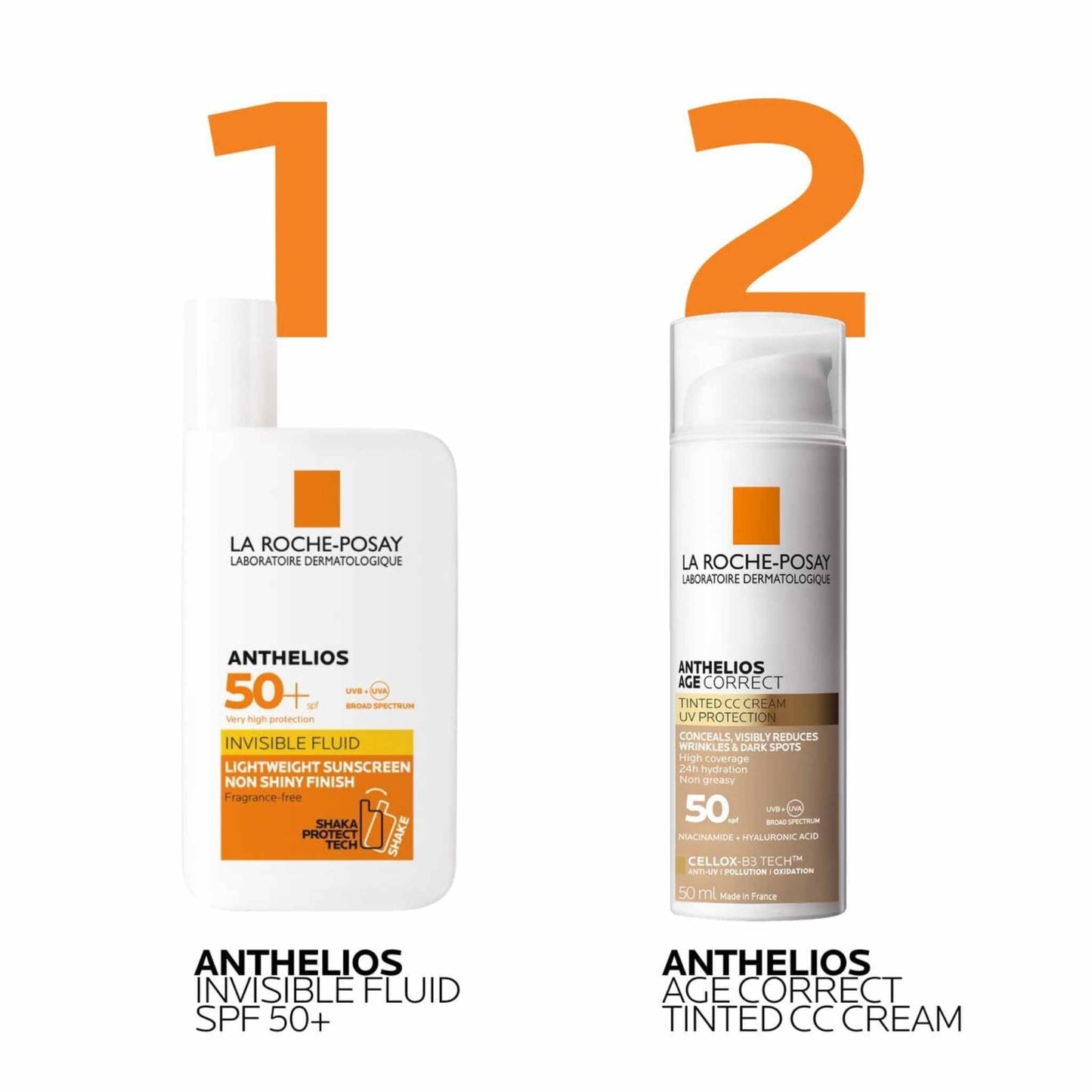 Two La Roche-Posay Anthelios skincare products on a white background: Anthelios Invisible Fluid SPF 50+ in a white bottle with orange text, and Anthelios Age Correct Tinted CC Cream in a white and beige bottle with orange text. Large orange numbers 1 and 2 appear above each product.