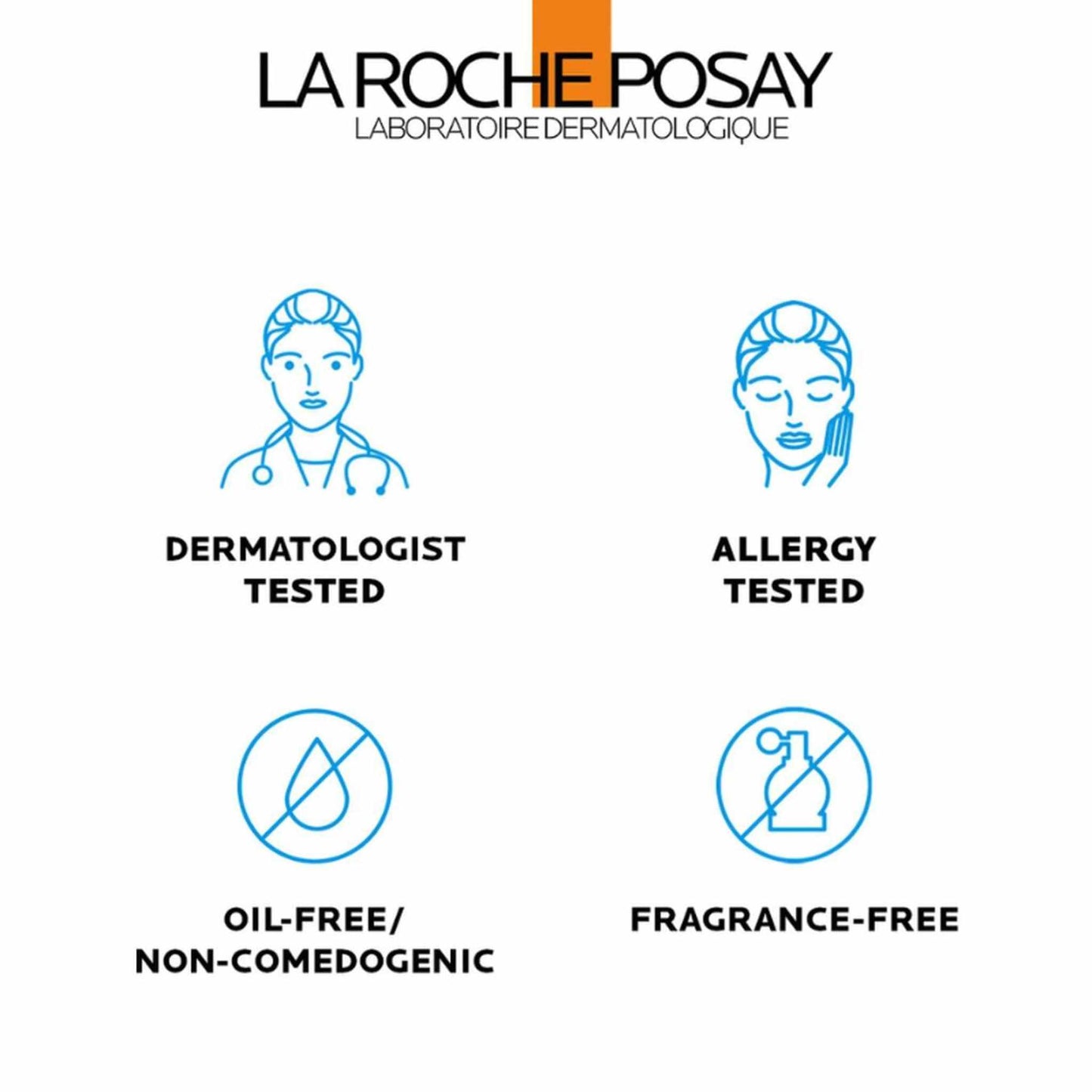 La Roche Posay dermatologist-tested, allergy-tested, oil-free, and fragrance-free product information graphic on a white background.