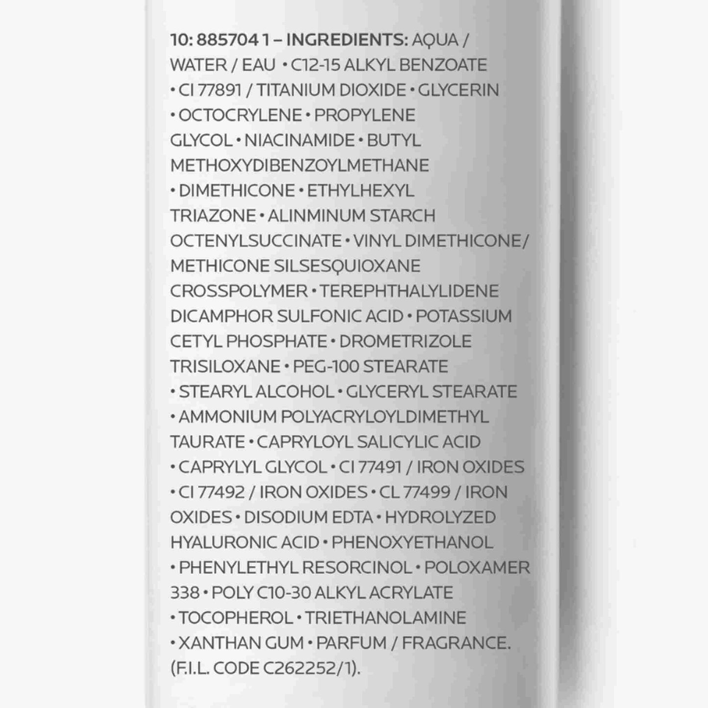 La Roche-Posay Anthelios Age Correct Tinted CC Cream spf50 50mL Ingredients list on a product label with a white background