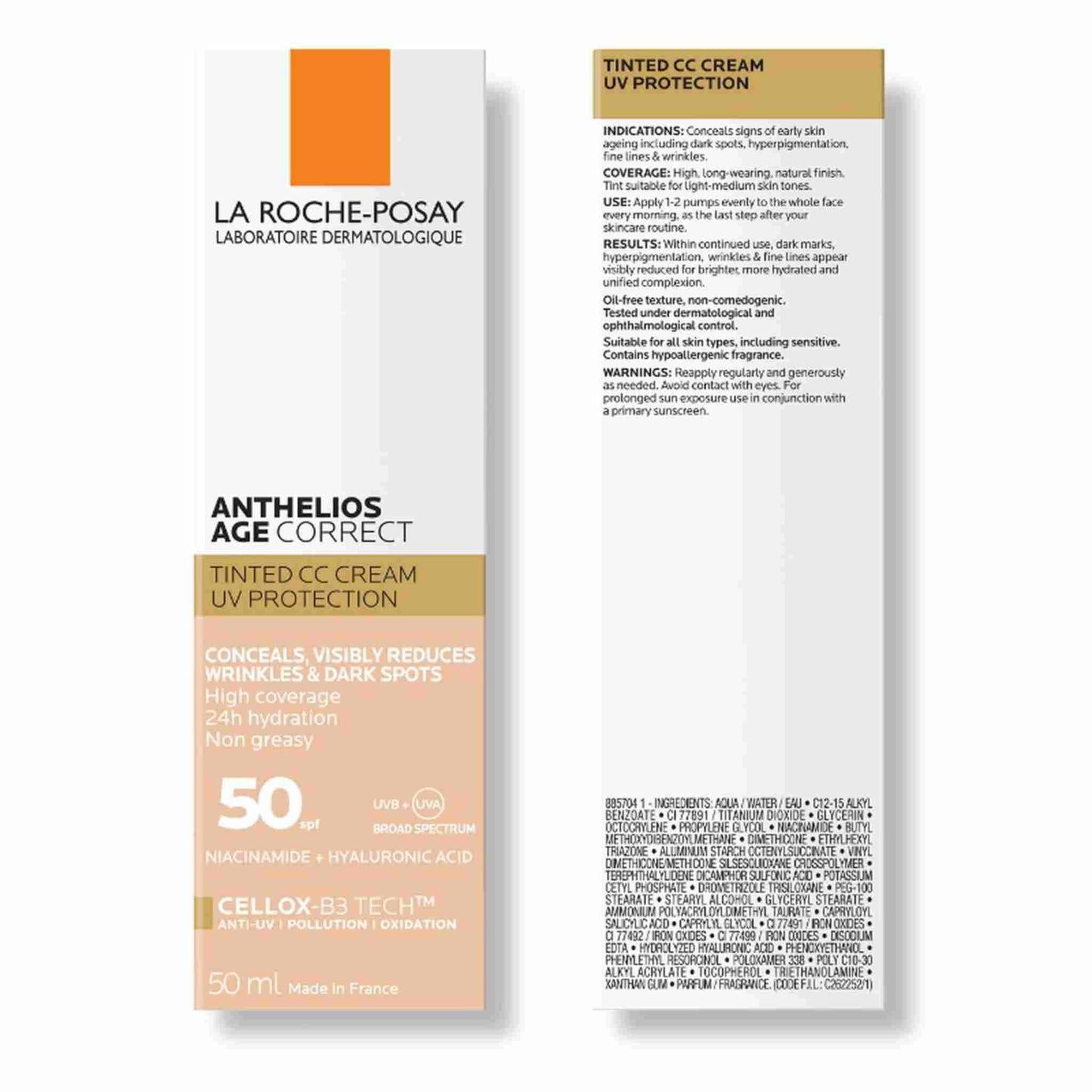 La Roche-Posay Anthelios Age Correct Tinted CC Cream spf50 50mL packaging, showing both the front and back of the white and peach-colored box against a white background.