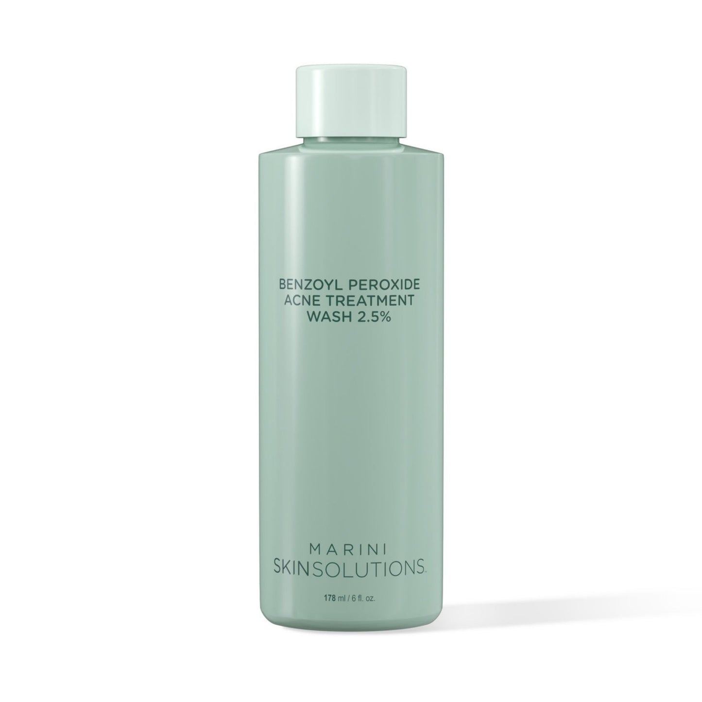 A 178 mL bottle of Marini SkinSolutions Benzoyl Peroxide Acne Treatment Wash 2.5% in a pale mint green color, on a white background.