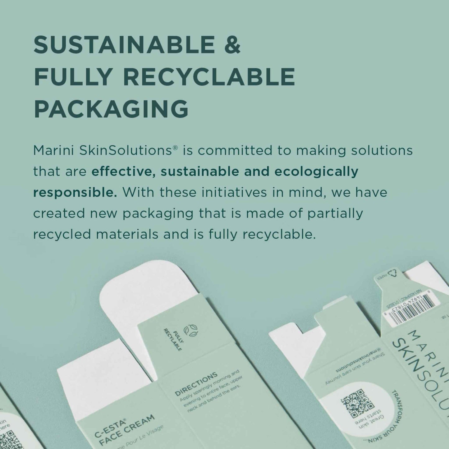 Marini SkinSolutions packaging with text about sustainability and recyclability on a light green background