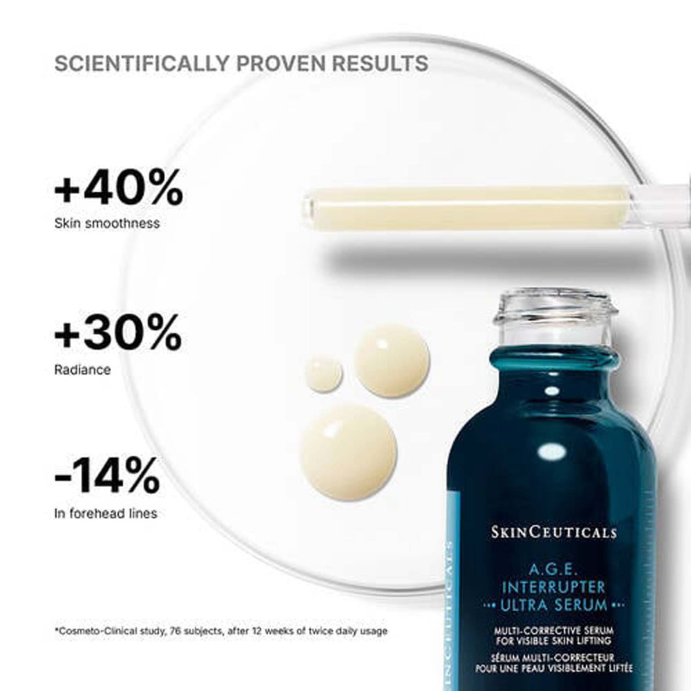 SkinCeuticals A.G.E. Interrupter Ultra Serum The Facial Maestro. SkinCeuticals serum bottle with dropper and text on scientific results.