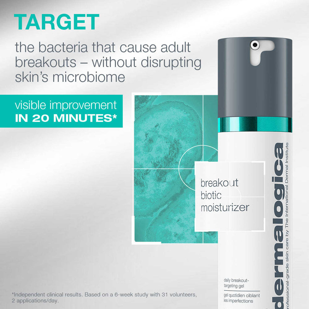 Dermalogica breakoutiotic moisturizer with text about bacteria targeting and visible improvement in 20 minutes.