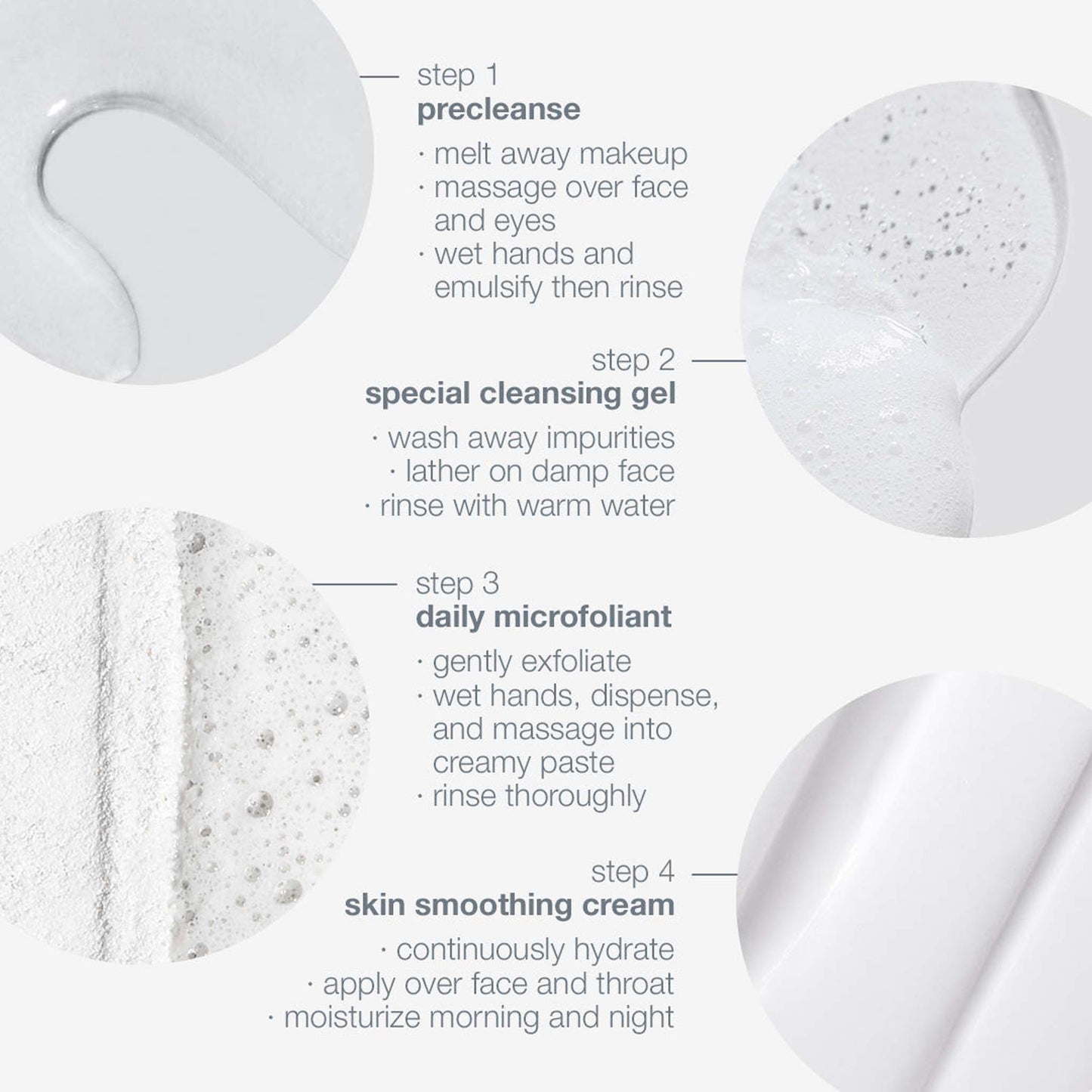 dermalogica discover healthy skin kit  routine steps with cleansing gel and microfoliant application on a white background.
