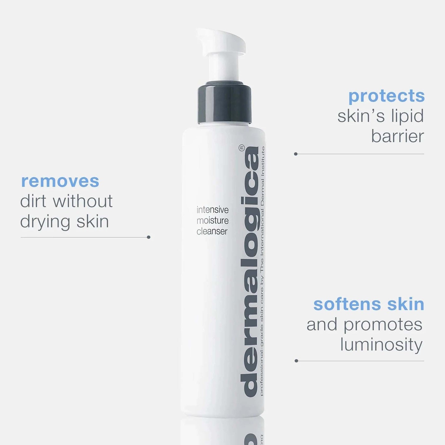 Dermalogica intensive moisture cleanser bottle with text highlighting product benefits on a white background
