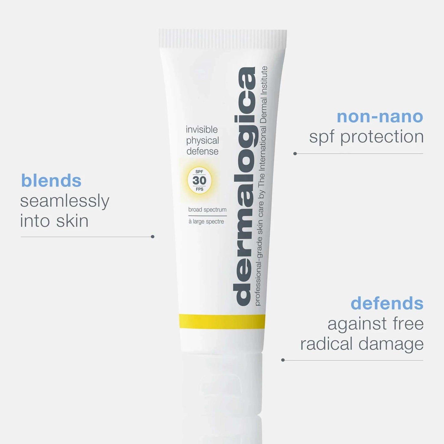 dermalogica invisible physical defence spf30 with text highlighting features on a white background