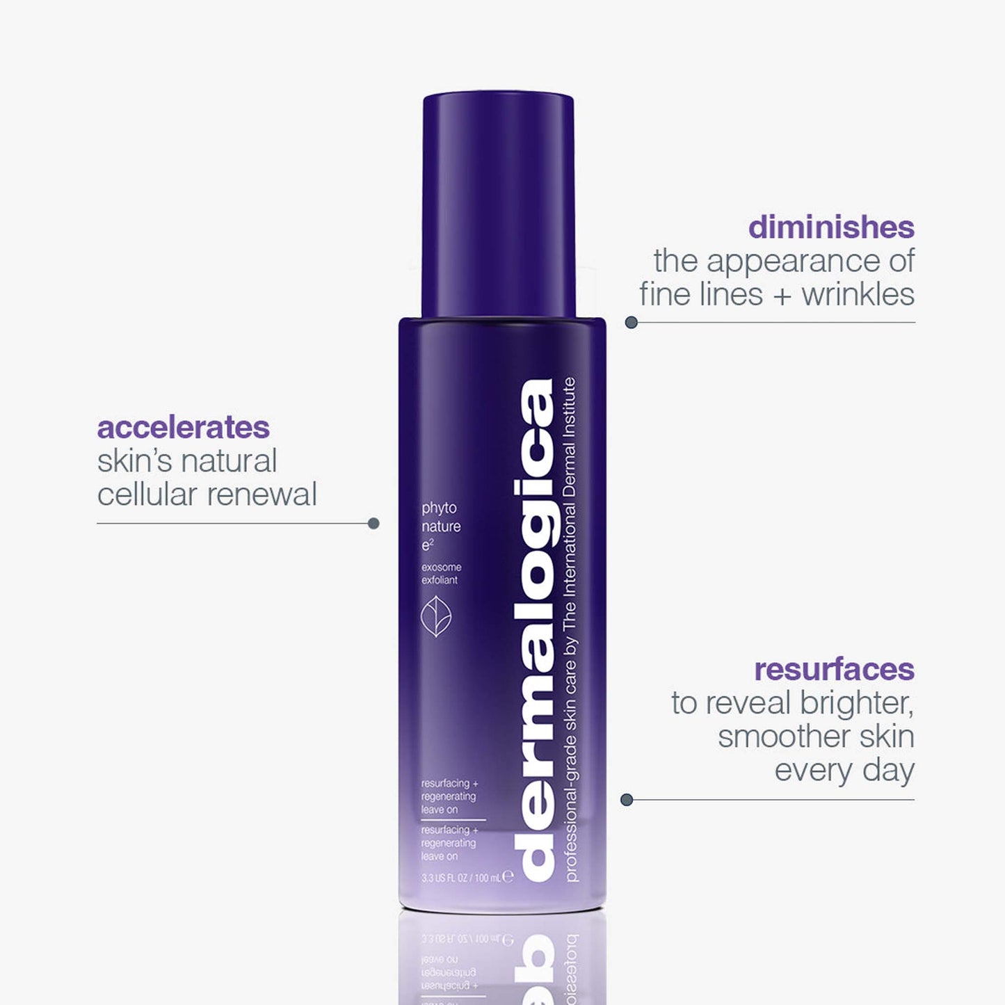 Dermalogica phyto nature e2 bottle with text highlighting product benefits on a white background