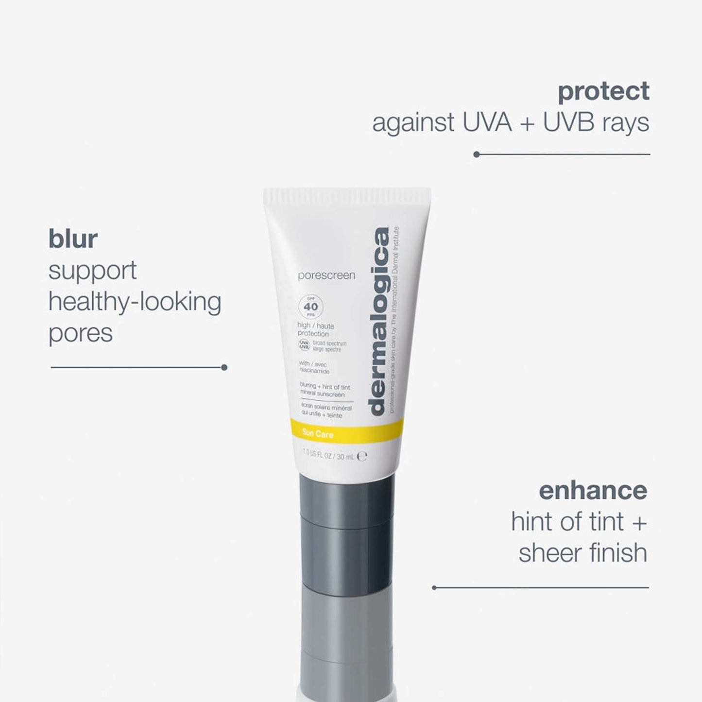dermalogica porescreen tube with features listed on a white background