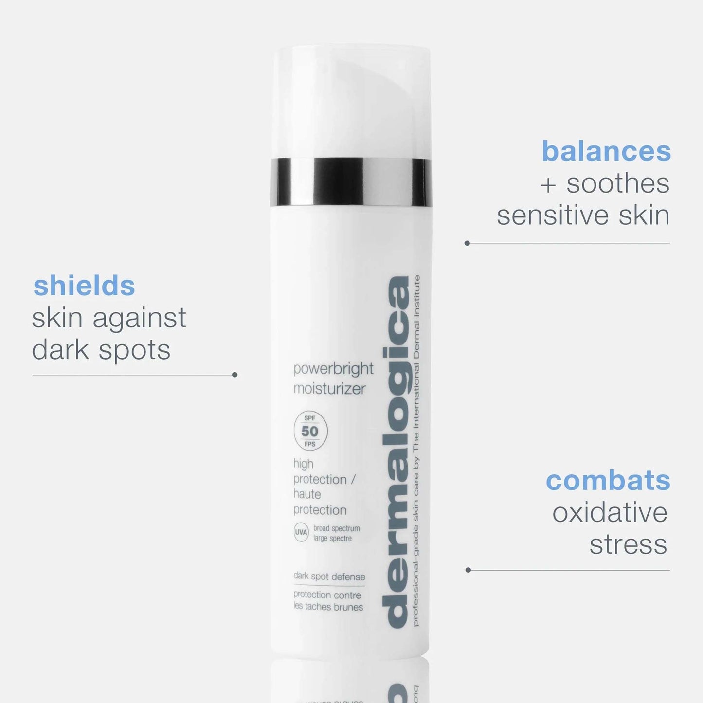 Dermalogica powerbright moisturizer bottle with text highlighting product benefits on a white background
