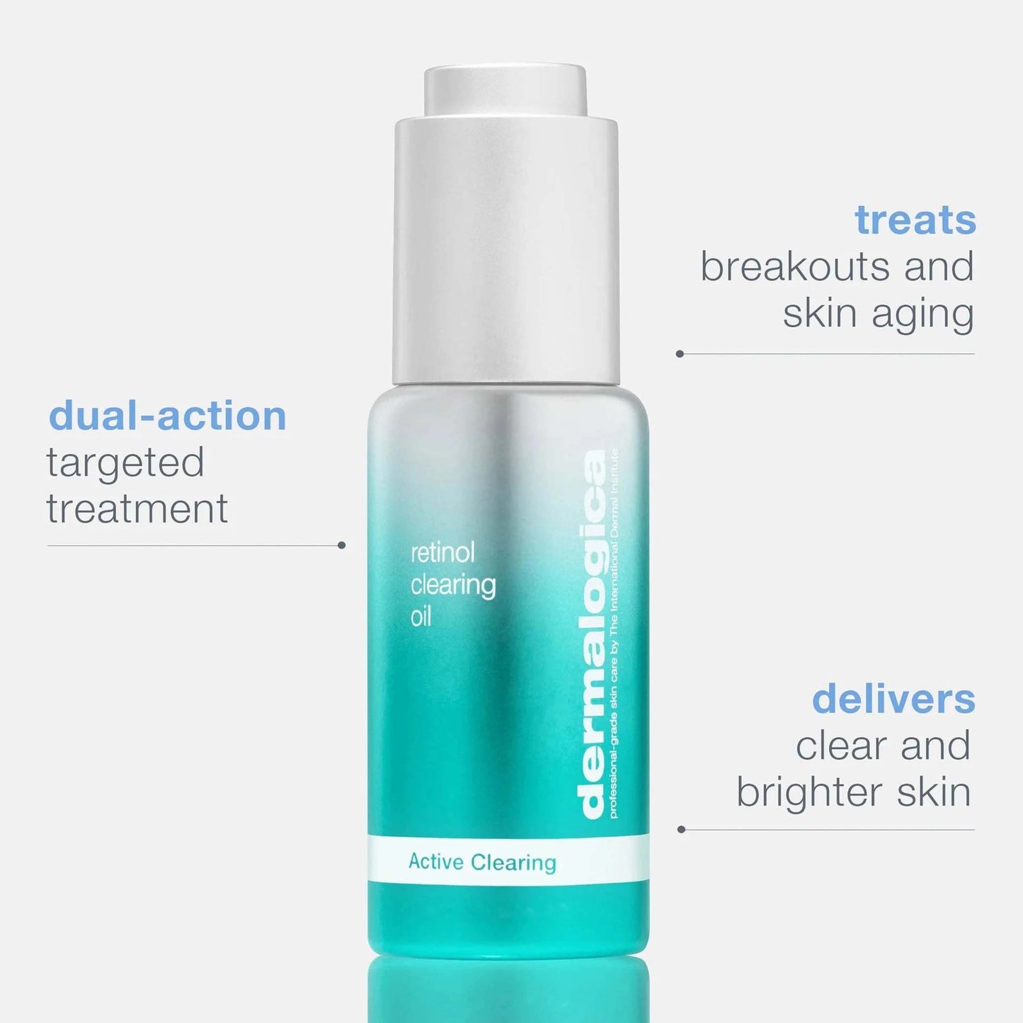 Dermalogica retinol clearing oil bottle with text on a white background