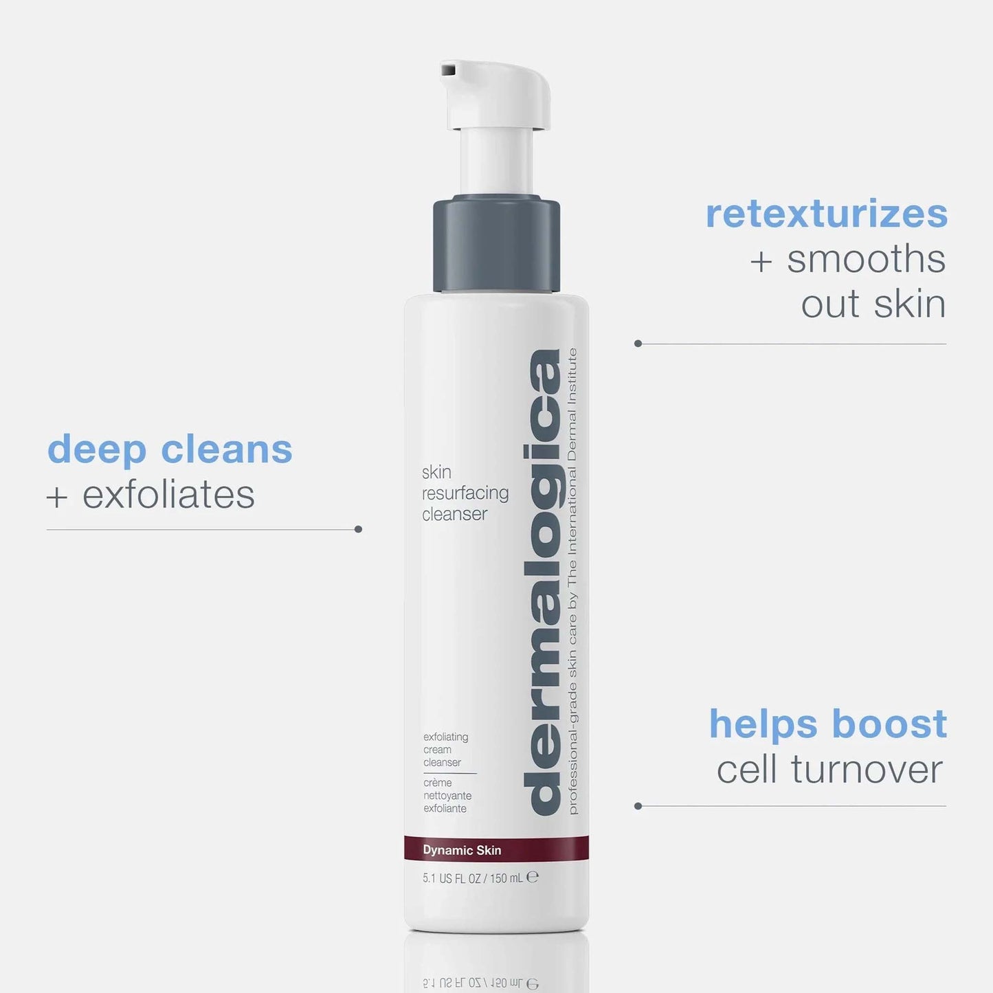 dermalogica skin resurfacing cleanser with text highlighting benefits on a white background