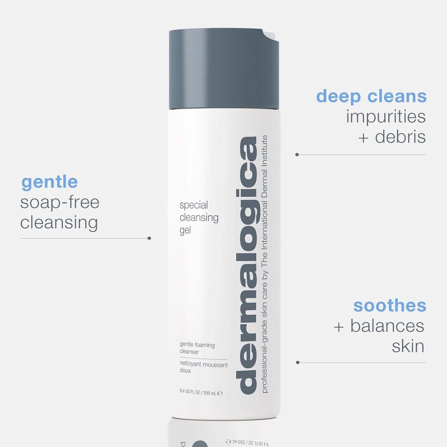 dermalogica special cleansing gel with text highlighting product benefits on a white background