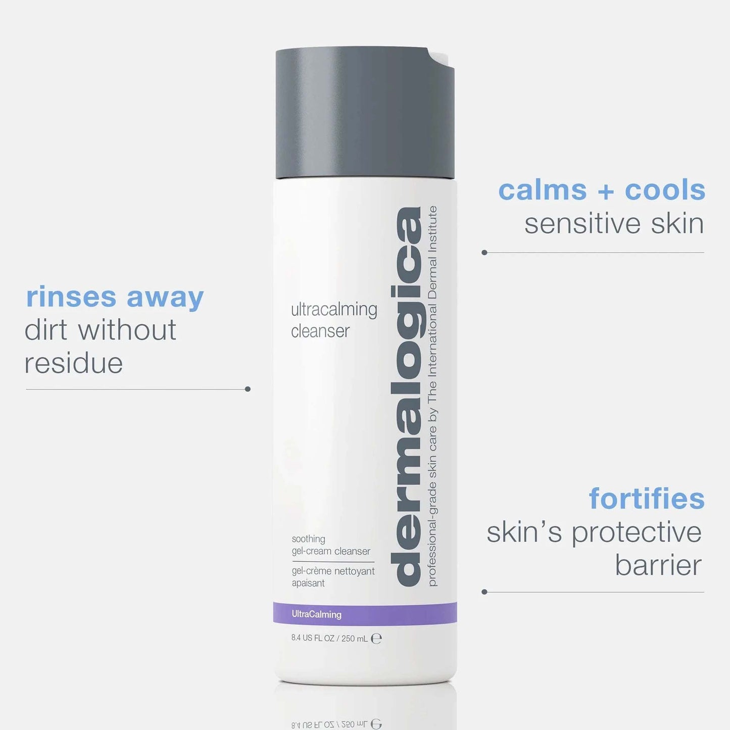 Dermalogica ultracalming cleanser bottle with text on a white background