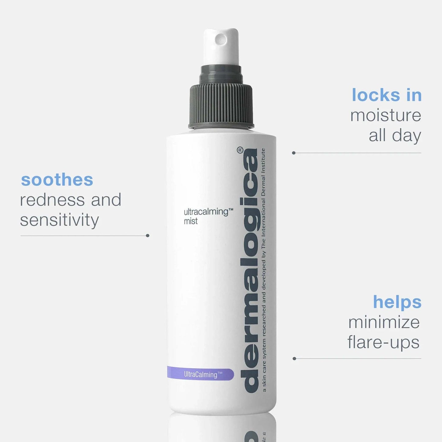 Dermalogica ultracalming mist bottle with text highlighting product benefits on a white background